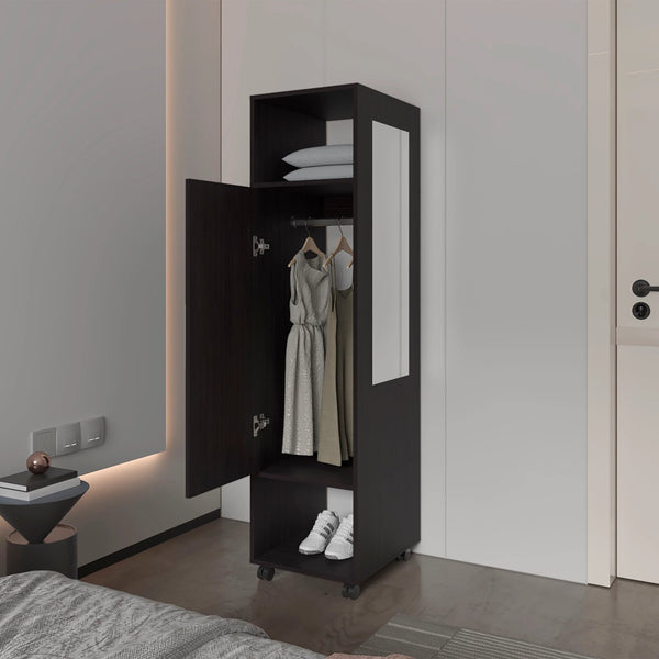 English Elm Wenge 1-Door Wardrobe with Mirror and Open Shelves, Melamine Closet for Stylish Organized Bedrooms B062P227645