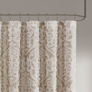 JLA Home Madison Park - Jacquard shower curtain with raised damask medallion weave on stria grey ground, 72x72, washable Tan/Ivory MP70-8084