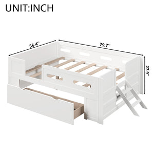 English Elm Wood Twin Platform Bed for Kids with Fence Guardrail and Under Storage Drawer White N709P385776K