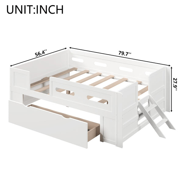English Elm Wood Twin Platform Bed for Kids with Fence Guardrail and Under Storage Drawer White N709P385776K
