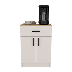English Elm Pantry Netal Cabinet in Ivory & Natural Oak — Compact 33.5" H Storage with Countertop, Drawer & Shelves B092P243275