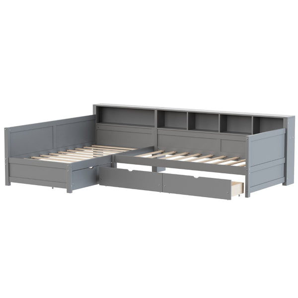 English Elm Twin Corner Daybed with Storage Drawers Bookshelf Wood L-shape Frame for Small Rooms Grey N733S369272E