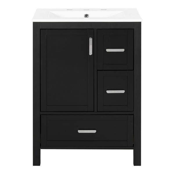 English Elm Modern 24 Inch Bathroom Vanity Solid Wood Cabinet with Ceramic Sink and Soft Close Storage Black N729P292859B