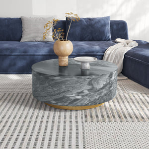 English Elm Tavola Round Coffee Table with Marble Pattern Top and Metal Legs, Two Drawers for Stylish Storage Brown B341P321163
