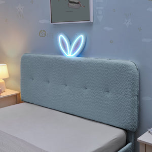 English Elm Full Size Kids Storage Bed Boucle Upholstered Rabbit Ear Headboard with Led Lighting Navy W1413P384925