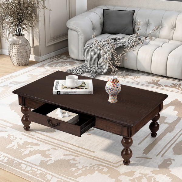 English Elm Solid Wood Coffee Table Set with Drawer Vintage-Inspired Acacia Veneer, Sturdy Rubberwood Legs, Easy No-Tool Assembly Espresso W1202S00014