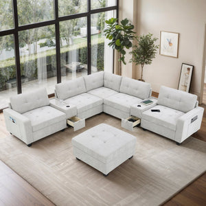 English Elm [new U-shaped Chenille Sectional Six Seat Tufted Couch with Usb Charging Storage Light Gray N723S1191K