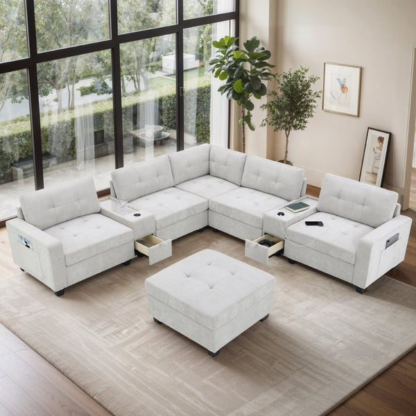 English Elm [new U-shaped Chenille Sectional Six Seat Tufted Couch with Usb Charging Storage Light Gray N723S1191K