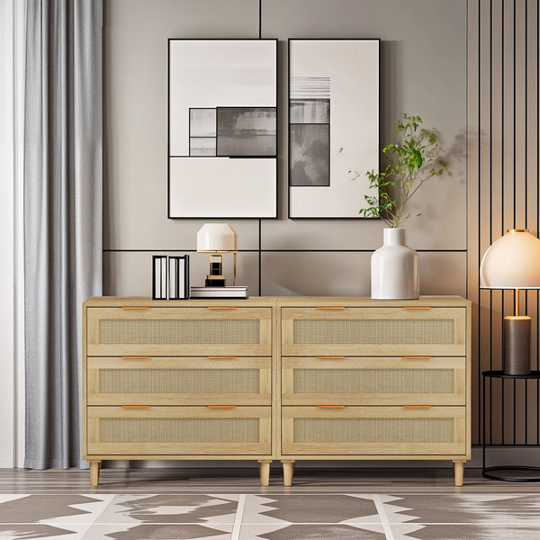 English Elm 3-Drawers Rattan Storage Cabinet Set Of 2 - Stylish Oak Cabinets For Bedroom, Living Room & More! W757S00025