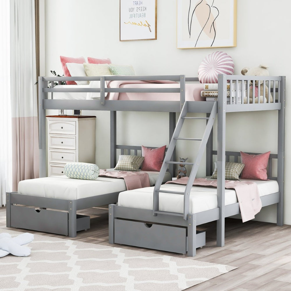 English Elm Full Over Twin Triple Bunk Bed Pine Wood Frame with Storage Drawers and Guardrails LT000343AAE-1