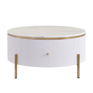 English Elm Modern Round Coffee Table with 2 Large Drawers, Marble-Pattern MDF Top & Gold Legs for Stylish Storage N735P211280K