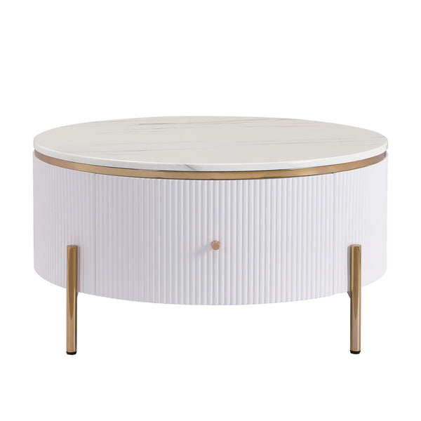 English Elm Modern Round Coffee Table with 2 Large Drawers, Marble-Pattern MDF Top & Gold Legs for Stylish Storage N735P211280K