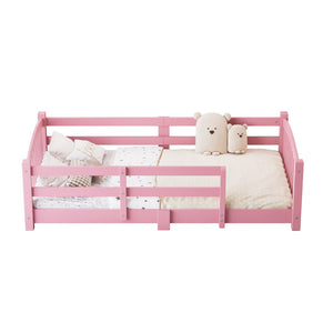 English Elm Twin Montessori Floor Bed Solid Pine Frame with Safety Guardrails for Kids Bedroom Pink N733P400298H