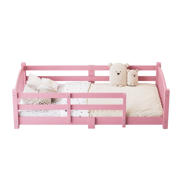 English Elm Twin Montessori Floor Bed Solid Pine Frame with Safety Guardrails for Kids Bedroom Pink N733P400298H