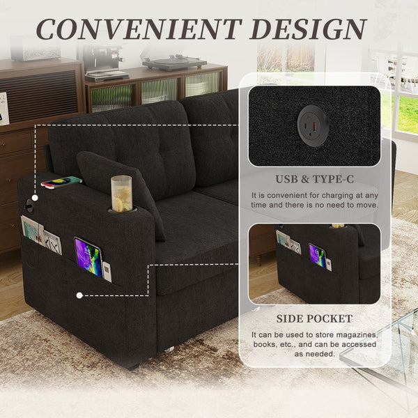English Elm Sofas for Living Room Chenille Three Seat Couch with Usb Charging Storage and Cup Holder Black W395S00144