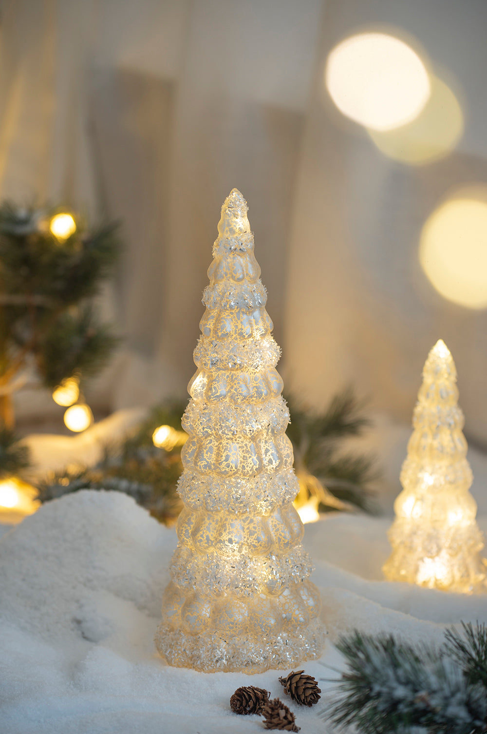 English Elm 3.5x3.5x8.3" Glass Cone Tree with Light, Set of 3 — Frosted Geometric Holiday Decor, Modern Centerpiece Elegance W2078P359434