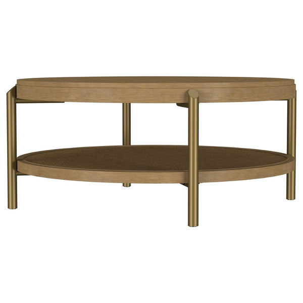 English Elm Benson Round Coffee and End Table Set with Brass Legs Rattan Shelf Accent Sand B062S01402