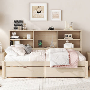 English Elm Twin Storage Bed with Bookcase Headboard Built-in Usb Charging and Two Drawers Natural W697S00038