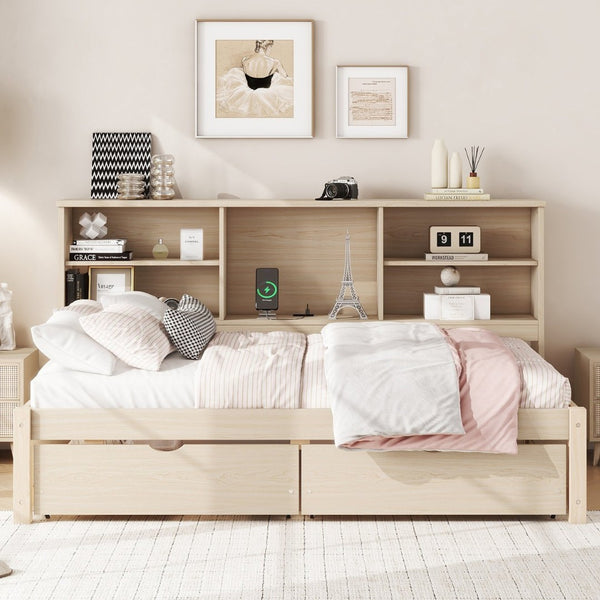 English Elm Twin Storage Bed with Bookcase Headboard Built-in Usb Charging and Two Drawers Natural W697S00038