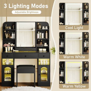 English Elm 43.2" Bedroom Dressing Table with Rgb Lit Glass Cabinets Led Mirror and Charging Station Black N704P407114B