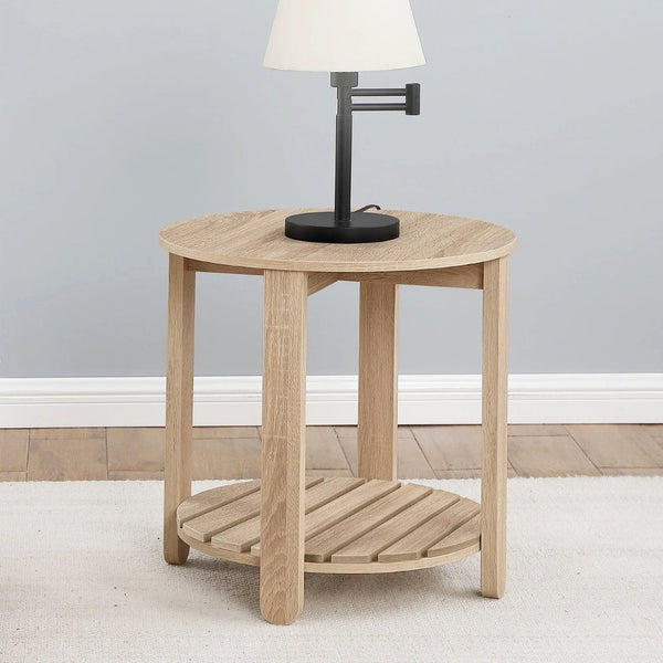 English Elm Round Engineered Wood Side Table With Bottom Shelf – Farmhouse Charm & Versatile Natural Finish B016P379371-GIGA