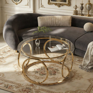 English Elm 31.50'' Round Chrome Ring Glass Coffee Table Two Tier Smoked Tempered Top Modern Living Room W757P412798