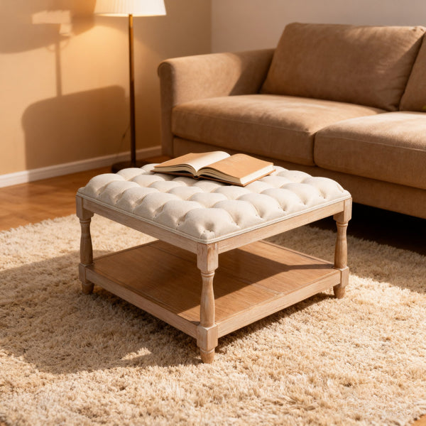 English Elm 33-inch Tufted Square Ottoman Coffee Table with Storage Shelf, Solid Wood Frame, Farmhouse Beige Elegance W3426P385593