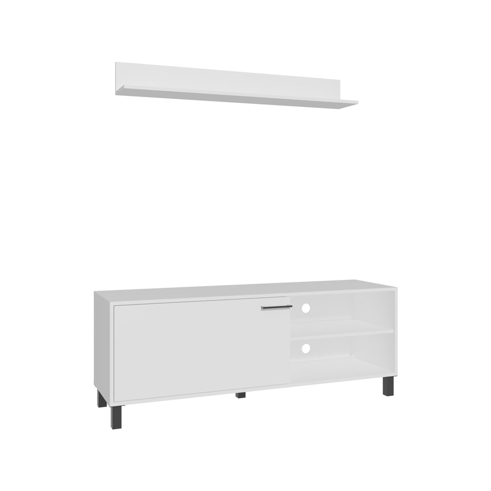 English Elm Living Room Set Modern TV Stand & Wall Shelf White – 1 Door Concealed Storage, 3 Open Shelves, Compact Durable Engineered Wood B097P350287