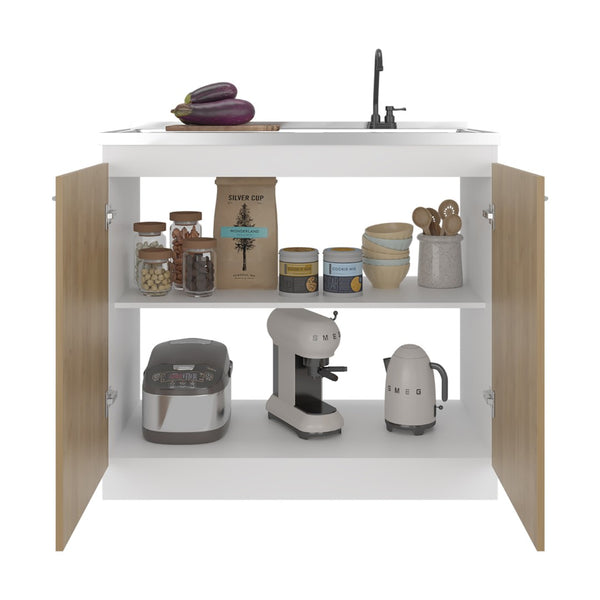 English Elm Utility Sink Base Cabinet with Two Doors Shelved Storage White Oak Laundry Room B097S00260