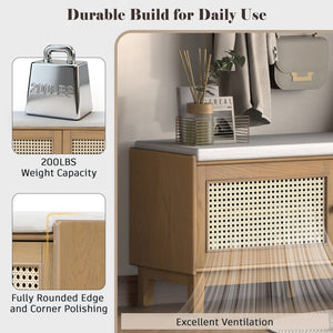 English Elm Trexm Bohemian Rattan Storage Bench Cushioned Seat Shoe Cabinet for Entryway N715P308012D