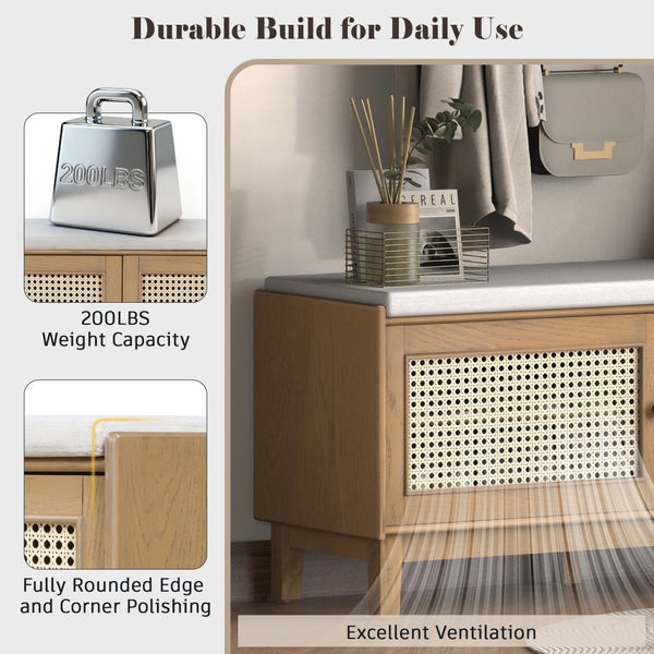 English Elm Trexm Bohemian Rattan Storage Bench Cushioned Seat Shoe Cabinet for Entryway N715P308012D