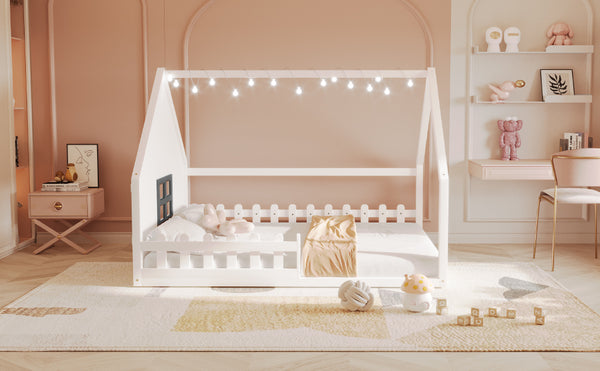 English Elm Full House Bed Frame with Window & Fence Playhouse Design, Sturdy Pine/MDF, Safe 400lb Capacity White N709P215545K