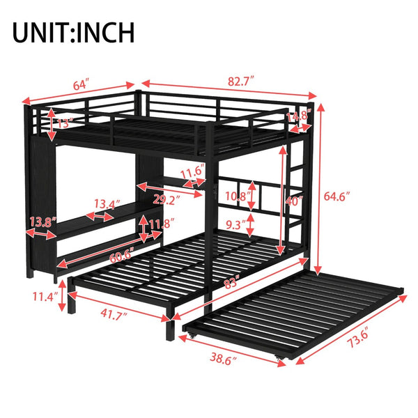 English Elm Queen Over Twin Bunk Bed With Wardrobe, Trundle, Foldable Desk & Noise-Reducing Design In Black W1580S00137-GIGA