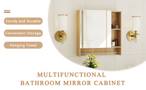 English Elm Bathroom Mirror Cabinet Burly Wood 2-in-1 Wall Mount Storage with HD Mirror, Shelves, Towel Rack W3226P278933