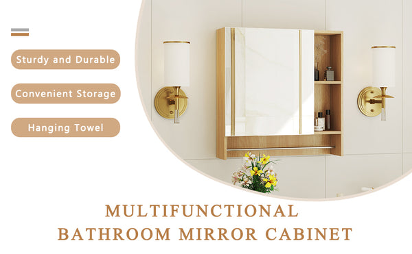 English Elm Bathroom Mirror Cabinet Burly Wood 2-in-1 Wall Mount Storage with HD Mirror, Shelves, Towel Rack W3226P278933