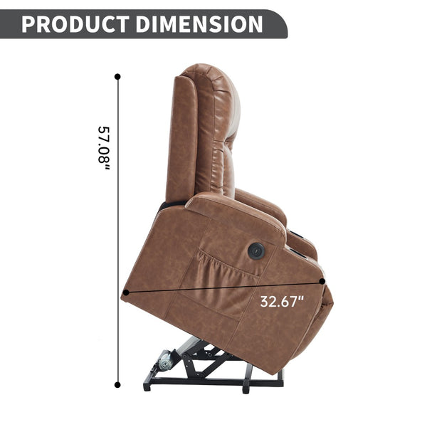 English Elm Beige Pu Leather Power Lift Recliner with Massage Lumbar Heat and Usb Charging Brown W1803S00083