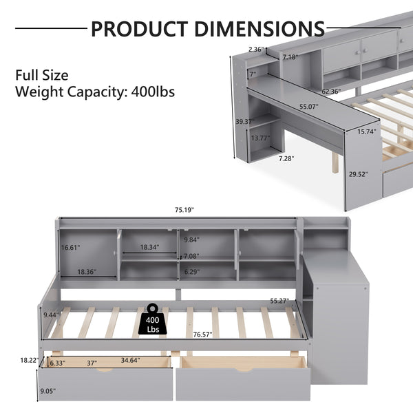 English Elm Full Full Size Daybed with Storage: L-Shape Wooden Frame, 3 Cabinets 2 Drawers, Desk & Bookshelf Gray N733S247077E