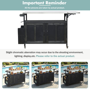 English Elm Foldable Outdoor Kitchen Cart with Stainless Worktop Fir Wood Frame and Lockable Wheels Black N719P380279B