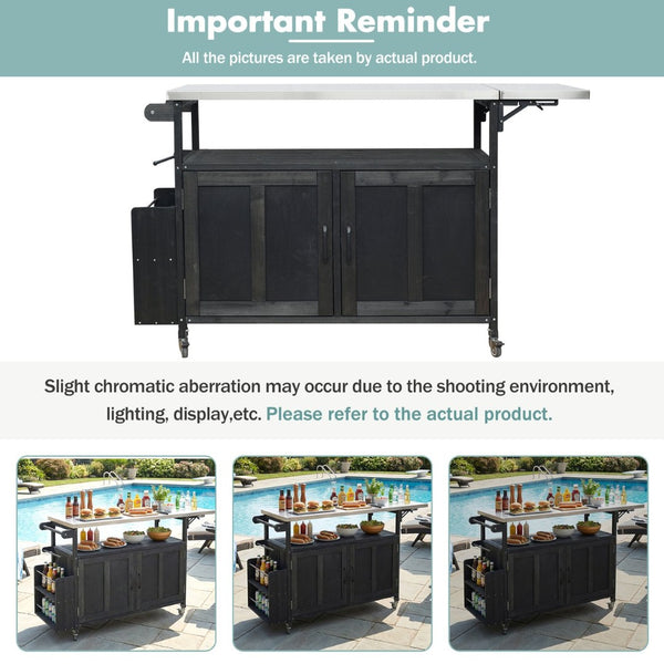 English Elm Foldable Outdoor Kitchen Cart with Stainless Worktop Fir Wood Frame and Lockable Wheels Black N719P380279B