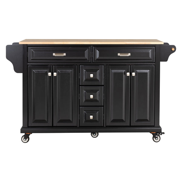 English Elm Kitchen Island durable rubberwood countertop kitchen cart on casters with towel rack, spice shelf, 5 drawers and adjustable shelving for organized meal prep and mobility Black W914S00003