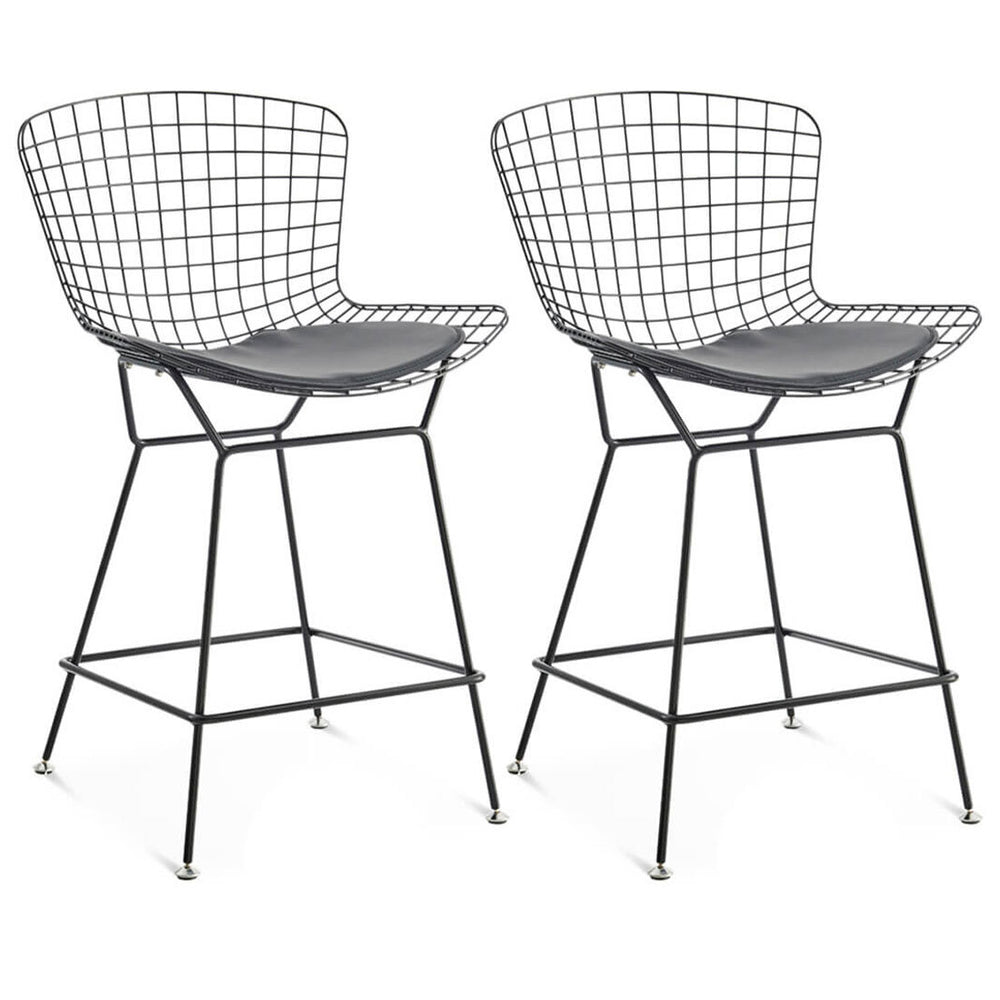 English Elm Set of Two Bertoia Bar Stools Black Frame — Sleek PU Leather Seats, Polished #304 Stainless Steel, 35" H B353P375965