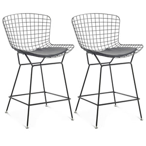 English Elm Set of Two Bertoia Bar Stools Black Frame — Sleek PU Leather Seats, Polished #304 Stainless Steel, 35" H B353P375965
