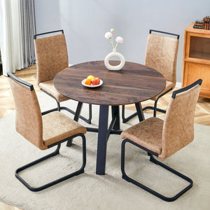 English Elm Table 5-Piece Modern Minimalist Dining Set With Round 42-Inch Top, 4 Brown Fabric Chairs & Black Legs W1151S03755-GIGA