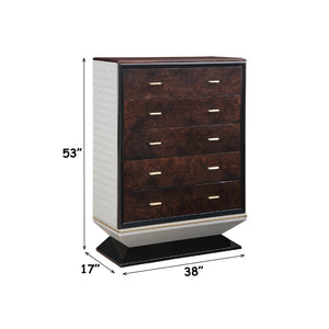 English Elm Jamonica 5-drawer Chest with Glossy Wood Veneer Top and Gold Knob Hardware B2756P506262