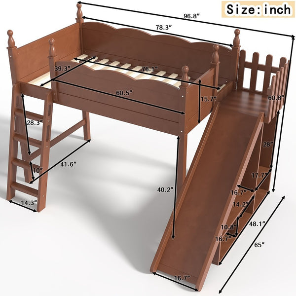 English Elm Twin Loft Bed Solid Pine Frame with Wardrobe Shelving Detachable Slide Kids Room Antique Natural W5305S00020