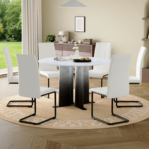 English Elm Modern Round Marble Look Dining Set Seats Six Upholstered Chairs Open Concept W3875S00065
