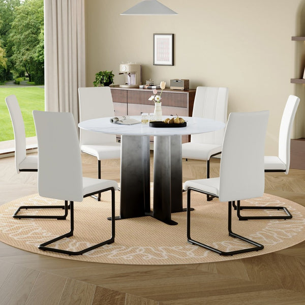 English Elm Modern Round Marble Look Dining Set Seats Six Upholstered Chairs Open Concept W3875S00065