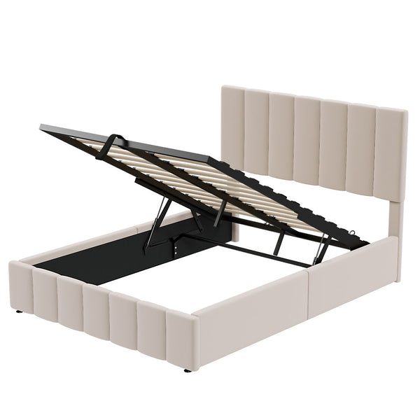 English Elm Full Size Linen Upholstered Platform Bed with Hydraulic Lift Storage and Foam Headboard N708P201551A