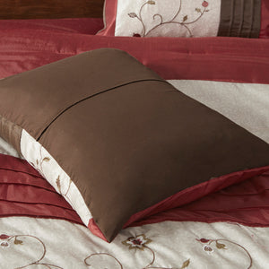 English Elm Embroidered Serene 7-Piece Comforter Set Cal King in Red Chocolate Ivory – Shiny Dupioni, Floral Embroidery, Decorative Pillows B03596928