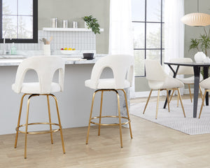 English Elm Fixed-height Swivel Counterstools with White Upholstery Gold Footrest Set of 2 B202S01782